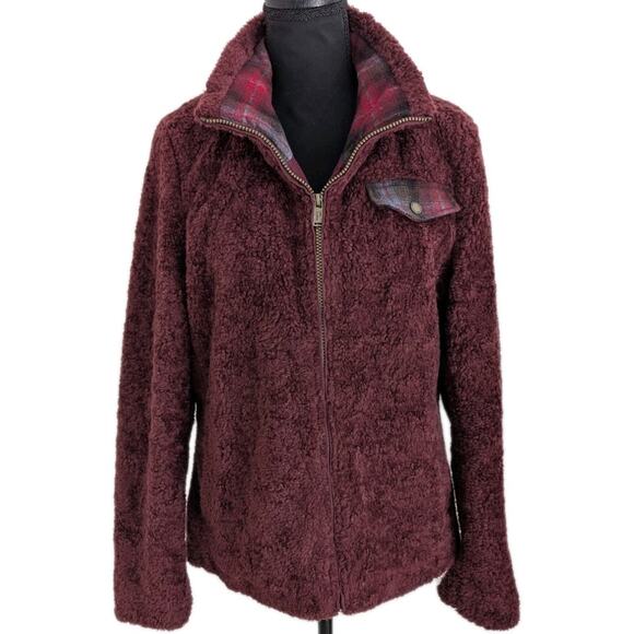 Pendleton Sherpa Fleece Jacket Women M Maroon Plaid Accent Full Zip Mock Neck - Picture 1 of 14